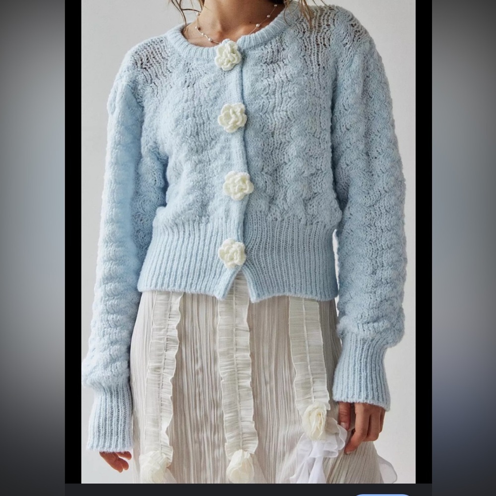 Kimchi Blue Blossom Cardigan light blue floral knit button S casual fall $120